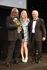 Rupert Campbell (left) with TV presenter, Fiona Phillips (centre) and Sushil Radia (right), managing director of Westminster Homecare, who sponsored the Home Care Worker Award.