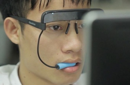 The computer can be controlled by a mouthpiece attached to glasses