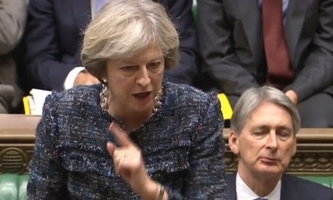 Theresa May on her 100th day as PM during PMQs Credit: Parliament TV