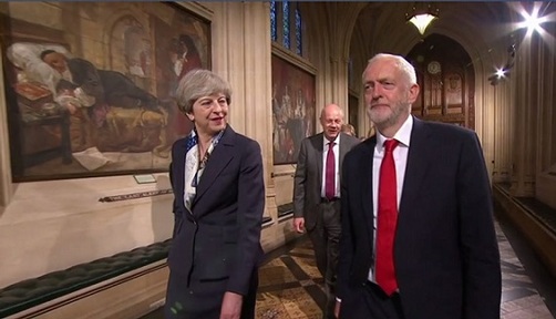 Prime Minister Theresa May makes small talk with Labour leader Jeremy Corbyn Credit: BBC