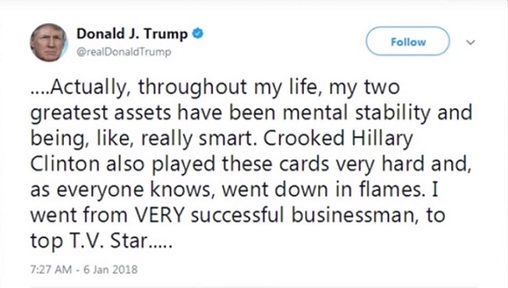 Donald Trump tweets about his mental stability.