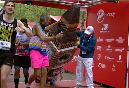 Big Ben Lukas Bates at the London Marathon finish line.