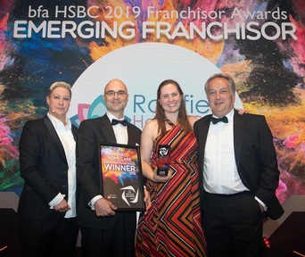 From Left, Pip Wilkins, Chief Executive of the British Franchise Association, Alex Green and Dr Hannah Mackechnie, founders of Radfield Home Care Franchising and HSBC’s Head of Franchising and awards judge, Andrew Brattesani. Credit: Radfield Home Care.