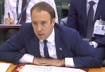 Health Secretary Matt Hancock in front of the Commons Health and Social Care Committee. Credit: Parliament TV.