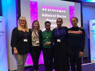 Admiral Nurses (left to right), Vicky Wheeler, Rachael Webb and Barbara Fitzpatrick as well as Susan Drayton, clinical lead of the Admiral Nurse Dementia Helpline, and Dolores Lewis, Admiral Nurse Dementia Helpline administrator.