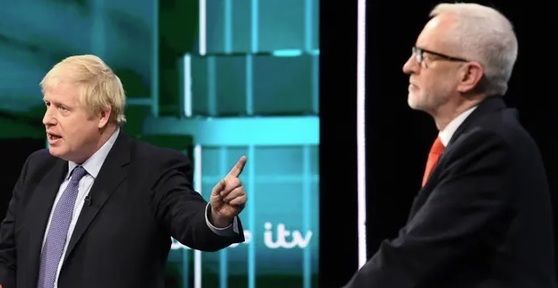 Conservative leader Boris Johnson and Labour leader Jeremy Corbyn in ITV debate. Credit; ITV