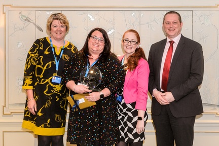 Left to right: Paula Spriggs, director of Business Development and Network Growth at Bluebird Care, Caroline Summerville, registered manager of the year, Hannah Banfield, marketing director at Bluebird Care and Colin Angel, policy director of UKHCA.