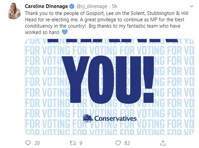 Caroline Dinenage tweets about her re-election as Conservative MP Gosport, Lee on the Solent, Stubbington & Hill Head. Credit: Twitter