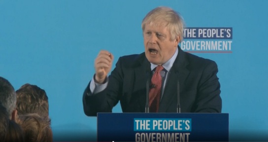 Prime Minister Boris Johnson next to the slogan the 'People's Government' wins a large Conservative majority. Credit: BBC
