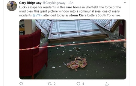 Storm Ciara sends glass wall crashing into retirement building, injuring woman. Twitter @GaryRidgeway