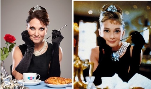 Emma Barton, posed as Audrey Hepburn’s character Holly Golightly from the film ‘Breakfast at Tiffany’s’. Credit: Dementia UK