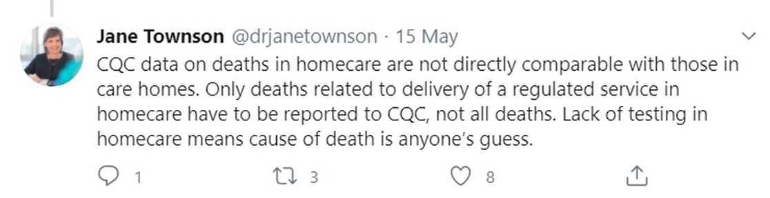 Jane Townson, chief executive of UKHCA tweets about home care death figures. Credit: @drjanetownson /Twitter
