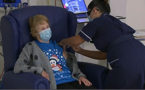 Margaret Keenan becomes the world's first person to receive the Pfizer vaccine outside of clinical trials.