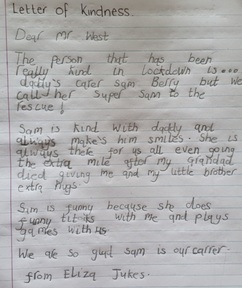 Home care client's young daughter Eliza writes a letter of thanks to Bridgewater Home Care's 'Super Sam'. Credit: Bridgewater Home Care