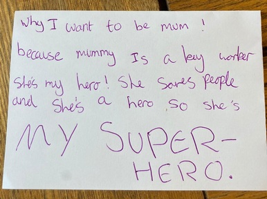 The note for school explains her superhero choice. Credit: Sam Kelly
