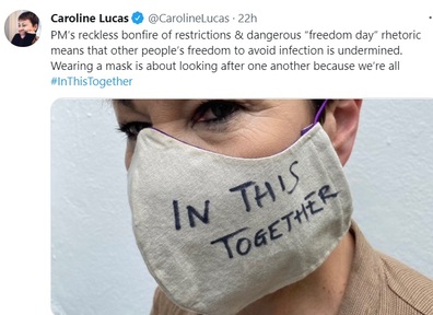 Tweet posted by Caroline Lucas Green Party MP. Credit: Twitter