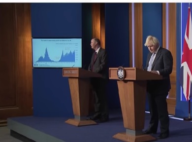 England's Chief Medical Officer Professor Chris Whitty with Prime Minister Boris Johnson during last night's Downing Street briefing. Credit: BBC