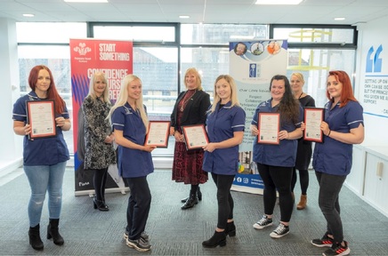 Lyn Laughlin (centre) along with Nickelle Murray, Erin Lang, Lauren McCombe, Kayleigh Mackinlay and Nicola Scott at a special ceremony at the Prince’s Trust’s Wolfson Centre in Glasgow.