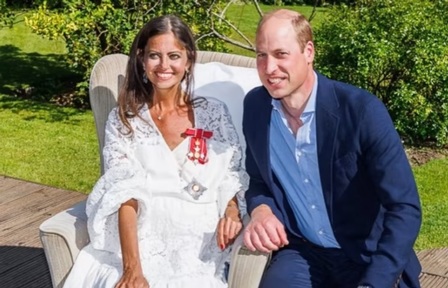 Dame Deborah receiving her knighthood pictured with Prince William at her parent's home in Surrey. Credit: Instagram.