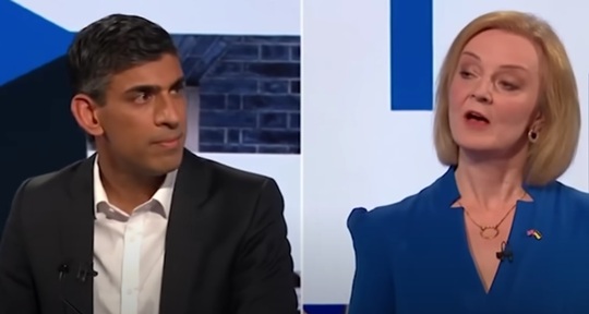 PM hopefuls Rishi Sunak and Liz Truss in  TV debate. Credit: BBC